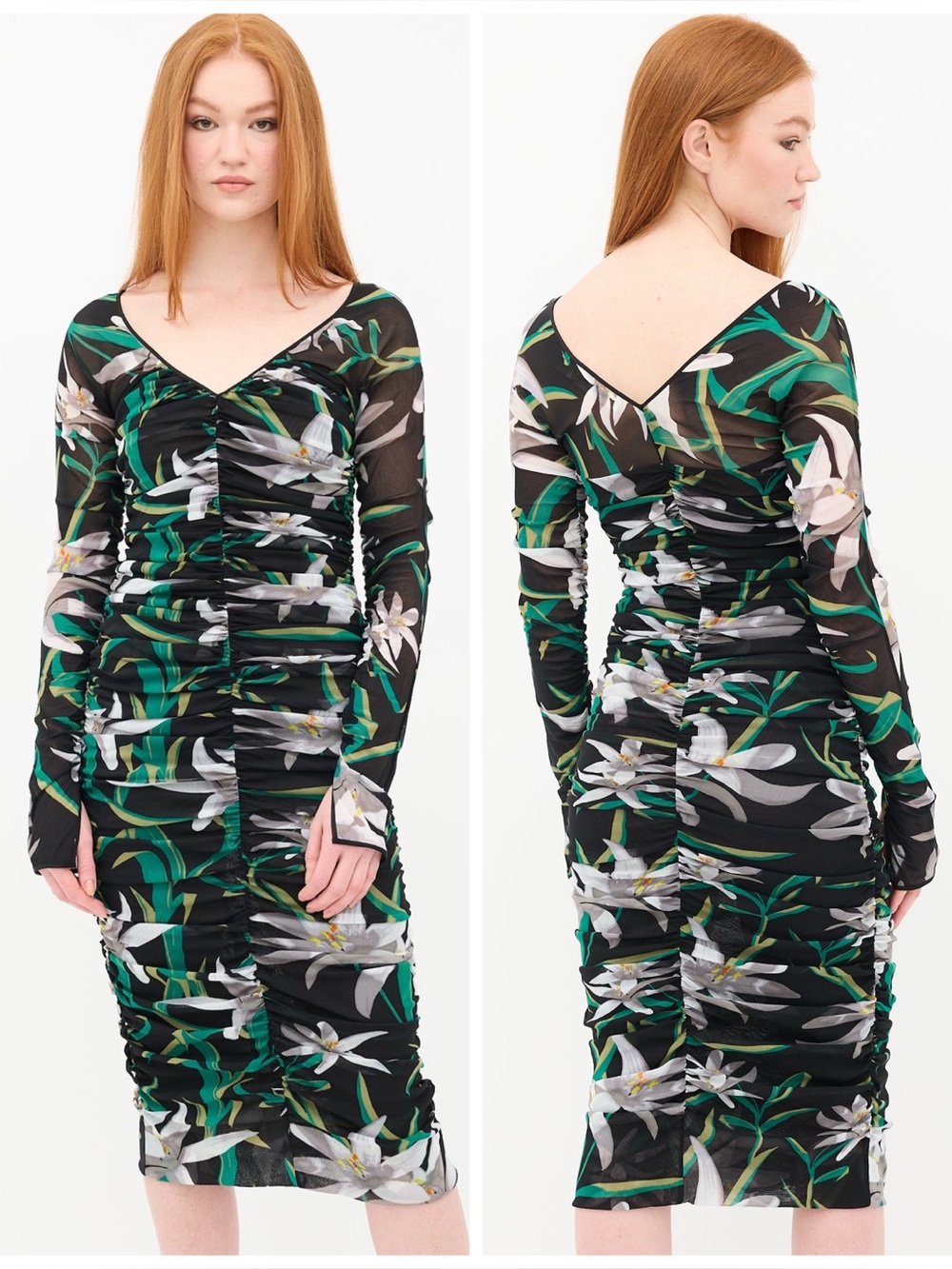 DVF Diane Von Furstenberg Camille Mesh Overlay Ruched Flower Midi Dress in Black